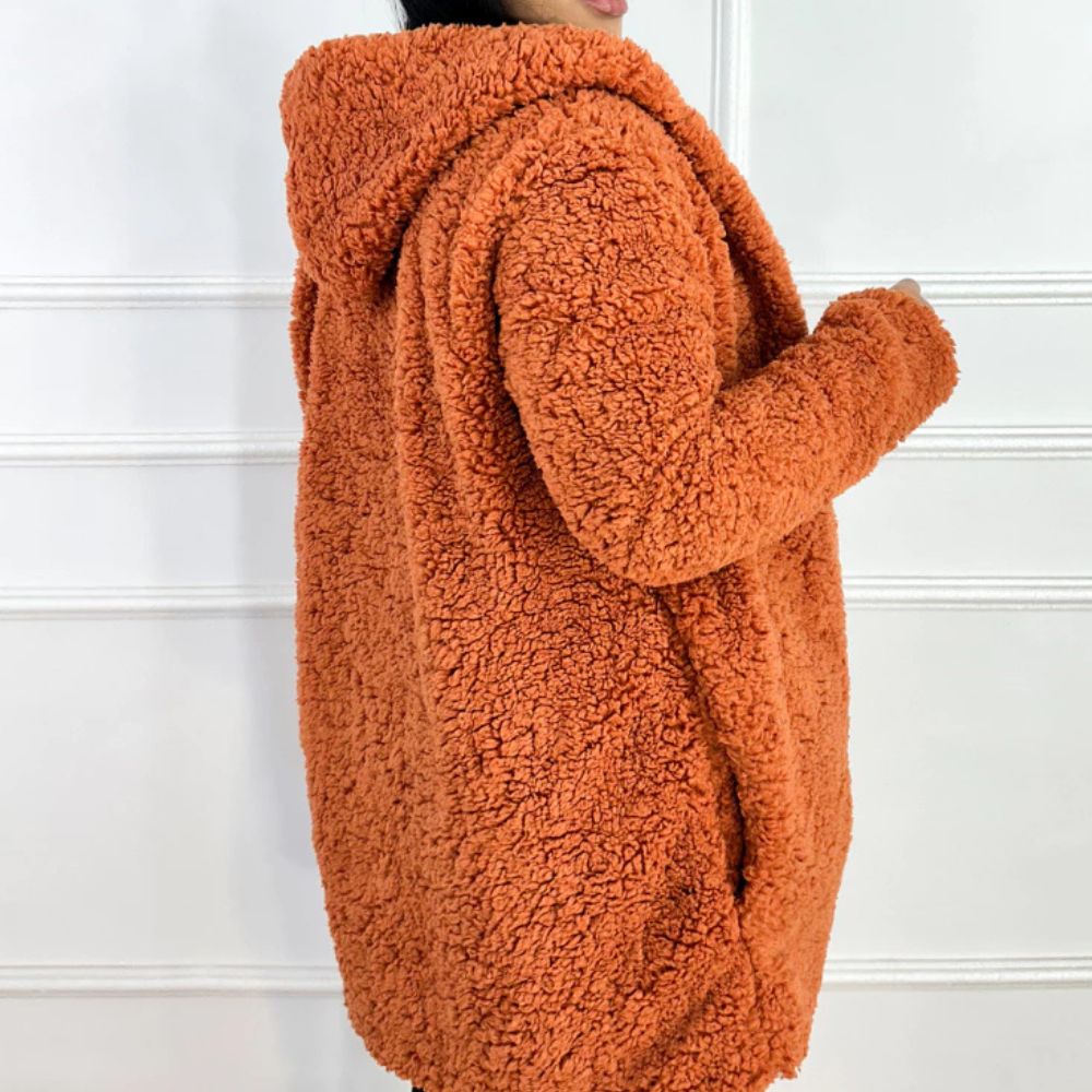 Casaco Feminino Teddy Longo com Capuz e Forro Peluciado