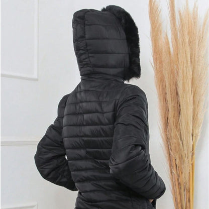 Jaqueta Feminina Puffer com Capuz e Forro de Pelúcia Térmico