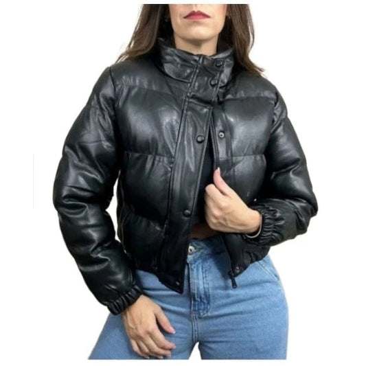 Jaqueta Puffer Feminina de Couro Forrada com Capuz